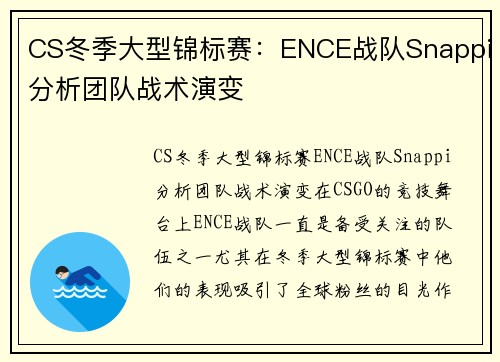 CS冬季大型锦标赛：ENCE战队Snappi分析团队战术演变